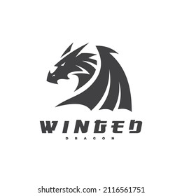 Dragon head wing wyvern silhouette logo design. Winged dragon vector icon in black and white color