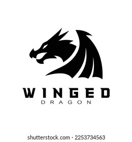 Dragon head wing wyvern silhouette logo design. Winged dragon vector icon in black and white color