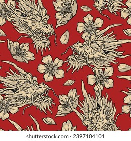 Cabezas de dragón colorido patrón sin costura con flores y pétalos para el diseño de tarjetas de felicitación para la ilustración vectorial de vacaciones orientales