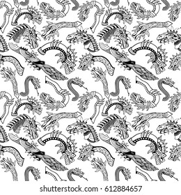Dragon heads. Hand drawn seamless pattern. Coloring book. Vector illustration.