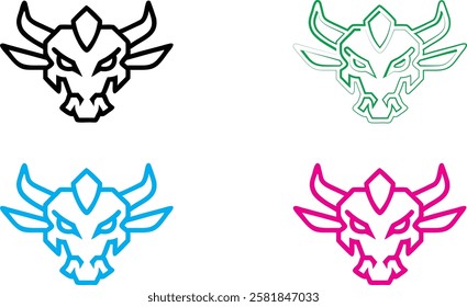 Dragon heads, minimalist line art, stylized outlines, multiple colors, black white green blue pink, simple sketch, graphic design elements, mythical creatures, fierce expressions, angular shapes, fant