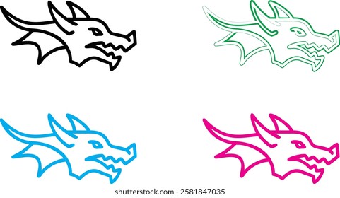 Dragon heads, minimalist line art, stylized outlines, multiple colors, black white green blue pink, simple sketch, graphic design elements, mythical creatures, fierce expressions, angular shapes, fant