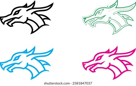 Dragon heads, minimalist line art, stylized outlines, multiple colors, black white green blue pink, simple sketch, graphic design elements, mythical creatures, fierce expressions, angular shapes, fant