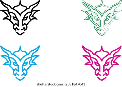 Dragon heads, minimalist line art, stylized outlines, multiple colors, black white green blue pink, simple sketch, graphic design elements, mythical creatures, fierce expressions, angular shapes, fant