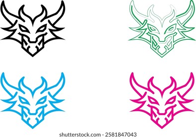 Dragon heads, minimalist line art, stylized outlines, multiple colors, black white green blue pink, simple sketch, graphic design elements, mythical creatures, fierce expressions, angular shapes, fant