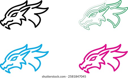 Dragon heads, minimalist line art, stylized outlines, multiple colors, black white green blue pink, simple sketch, graphic design elements, mythical creatures, fierce expressions, angular shapes, fant