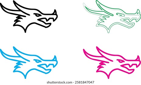 Dragon heads, minimalist line art, stylized outlines, multiple colors, black white green blue pink, simple sketch, graphic design elements, mythical creatures, fierce expressions, angular shapes, fant