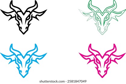 Dragon heads, minimalist line art, stylized outlines, multiple colors, black white green blue pink, simple sketch, graphic design elements, mythical creatures, fierce expressions, angular shapes, fant