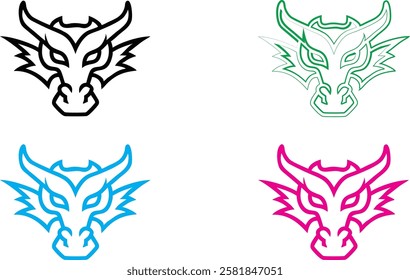 Dragon heads, minimalist line art, stylized outlines, multiple colors, black white green blue pink, simple sketch, graphic design elements, mythical creatures, fierce expressions, angular shapes, fant