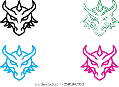 Dragon heads, minimalist line art, stylized outlines, multiple colors, black white green blue pink, simple sketch, graphic design elements, mythical creatures, fierce expressions, angular shapes, fant