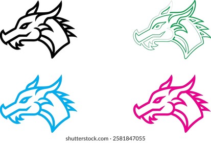 Dragon heads, minimalist line art, stylized outlines, multiple colors, black white green blue pink, simple sketch, graphic design elements, mythical creatures, fierce expressions, angular shapes, fant