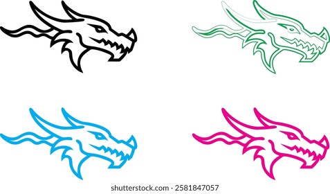 Dragon heads, minimalist line art, stylized outlines, multiple colors, black white green blue pink, simple sketch, graphic design elements, mythical creatures, fierce expressions, angular shapes, fant