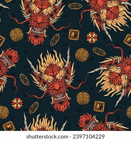 Dragon heads seamless pattern colorful with mythical furious animals from fairy tales and dragons near flowers vector illustration