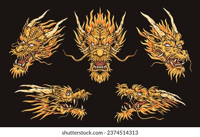 Dragon heads set emblems colorful monster faces from different countries for design books and magazines about Japanese culture vector illustration