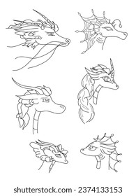 Dragon heads set. Dragon line art. Magical creature. Mythical animals. Coloring book, decor. Banner, brochure, poster, card. Vector illustration