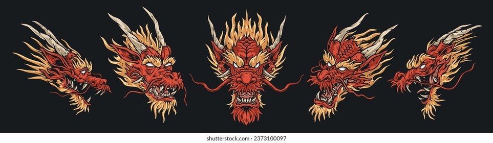 Dragon heads set logotypes colorful with monster faces from Chinese culture for new year souvenir design vector illustration