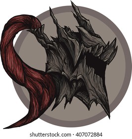 dragon helm, detailed study, texture, armor, knight's helmet with a red tail, gothic, hand-drawn, tattoo