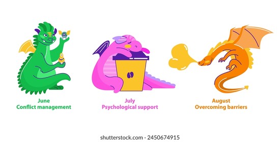 Dragon Helpers set. Adorable dragons demonstrate conflict resolution, offer psychological support, and encourage overcoming obstacles. Summer season self-care themes. Vector illustration.