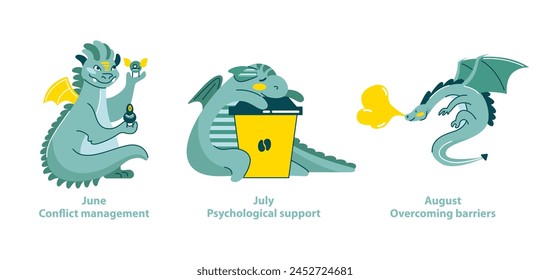 Dragon Helpers set. Adorable dragons demonstrate conflict resolution, offer psychological support, and encourage overcoming obstacles. Summer season self-care themes. Vector illustration.