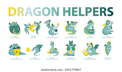 Dragon Helpers Set. Monatliche Themen mit charismatischen Drachen, die Aufgaben vom Zeitmanagement bis zur Stresskontrolle unterstützen. Charmante Anleitung zur ganzjährigen Persönlichkeitsentwicklung. Vektorgrafik.