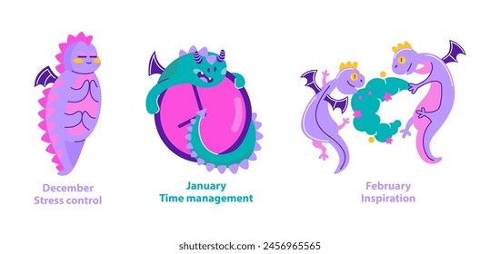 Dragon Helpers trio. Colorful dragons symbolize the start of the year with stress control, time management, and sparking inspiration. Begin the year with whimsy. Vector illustration.