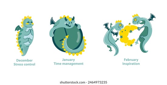 Dragon Helpers trio. Whimsical dragons exemplify stress control, time management, and sparking inspiration. Engaging visual aid for personal efficiency and creativity. Vector illustration.