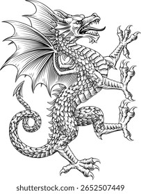 Dragão heráldica brasão de armas ou crista familiar escudo medieval estilo heráldico animal. Em um estilo de xilogravura vintage.