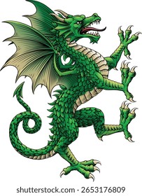 Dragão heráldica brasão de armas ou crista familiar escudo medieval estilo heráldico animal. Em um estilo de xilogravura vintage.
