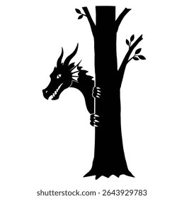 Dragon hiding behind tree silhouette illustration.