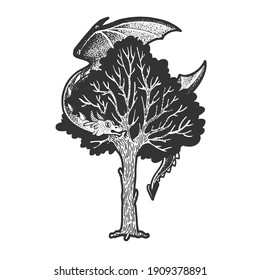 Dragon hiding in the branches of a tree sketch engraving vector illustration. T-shirt apparel print design. Scratch board imitation. Black and white hand drawn image.