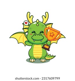 dragon holding gold trophy cup cartoon vector illustration.