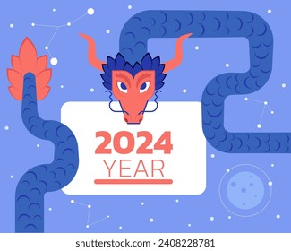 Dragon holding greeting card with 2024 year inscription. Chinese zodiac animal of 2024 year. Poster design. Vector illustration. Lunar New Year concept