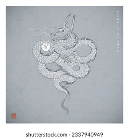 Dragon holding a magic pearl on grey background. Translation of hieroglyph - eternity. Symbol of the chinese new year 2024.