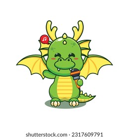 dragon holding microphone cartoon vector illustration.