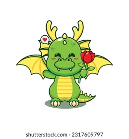 dragon holding rose flower cartoon vector illustration.