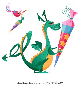 Dragon holding  traditional German candy cone in the paws on the first school day. Bird bearing German candy cone. Vector illustration