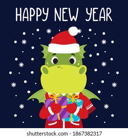 Dragon holds gifts. Happy new year greeting card with dinosaur. Vector illustration with cute character isolated background. Hand drawn lettering.