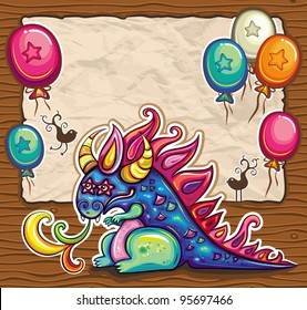 Dragon holiday card. Vector greeting card, banner, framework with cute little, fantasy dragon. Old paper, space for your text