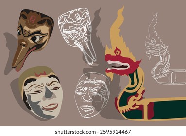Dragon, human and bird face on brown background with white line sketches