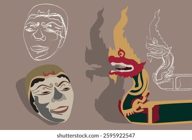 Dragon and human face on brown background with white line sketches