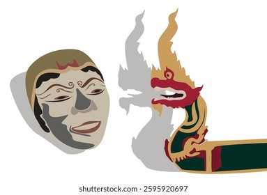 Dragon and human face on white background