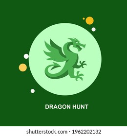 Dragon Hunt With Green Dragon Flying With Wings And Tail Flat Concept Design 