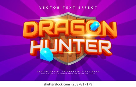 Tema de dibujos animados del cazador del dragón, efecto editable del texto del Vector. conveniente para el acontecimiento lindo feliz