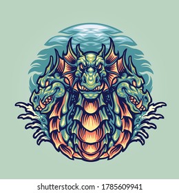 Dragon Hydra Character Mascot Illustrations for merchandise and clothing line 