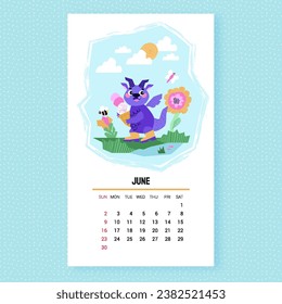Dragon with ice cream in his hands. Flowers and insects. Dragon Calendar. April. Spring season. Happy Chinese New Year 2024. Year of the Dragon. Vector