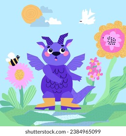 Dragon with ice cream in his hands. Flowers and insects. Summer season. Happy Chinese New Year 2024. Year of the Dragon. Vector