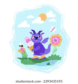 Dragon with ice cream in his hands. Flowers and insects. Dragon Calendar. April. Spring season. Happy Chinese New Year 2024. Year of the Dragon. Vector