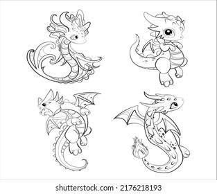 dragon icons cute cartoon sketch black white handdrawn