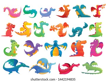 Dragon icons set. Cartoon set of dragon vector icons for web design