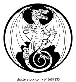 A dragon illustration in a circular design